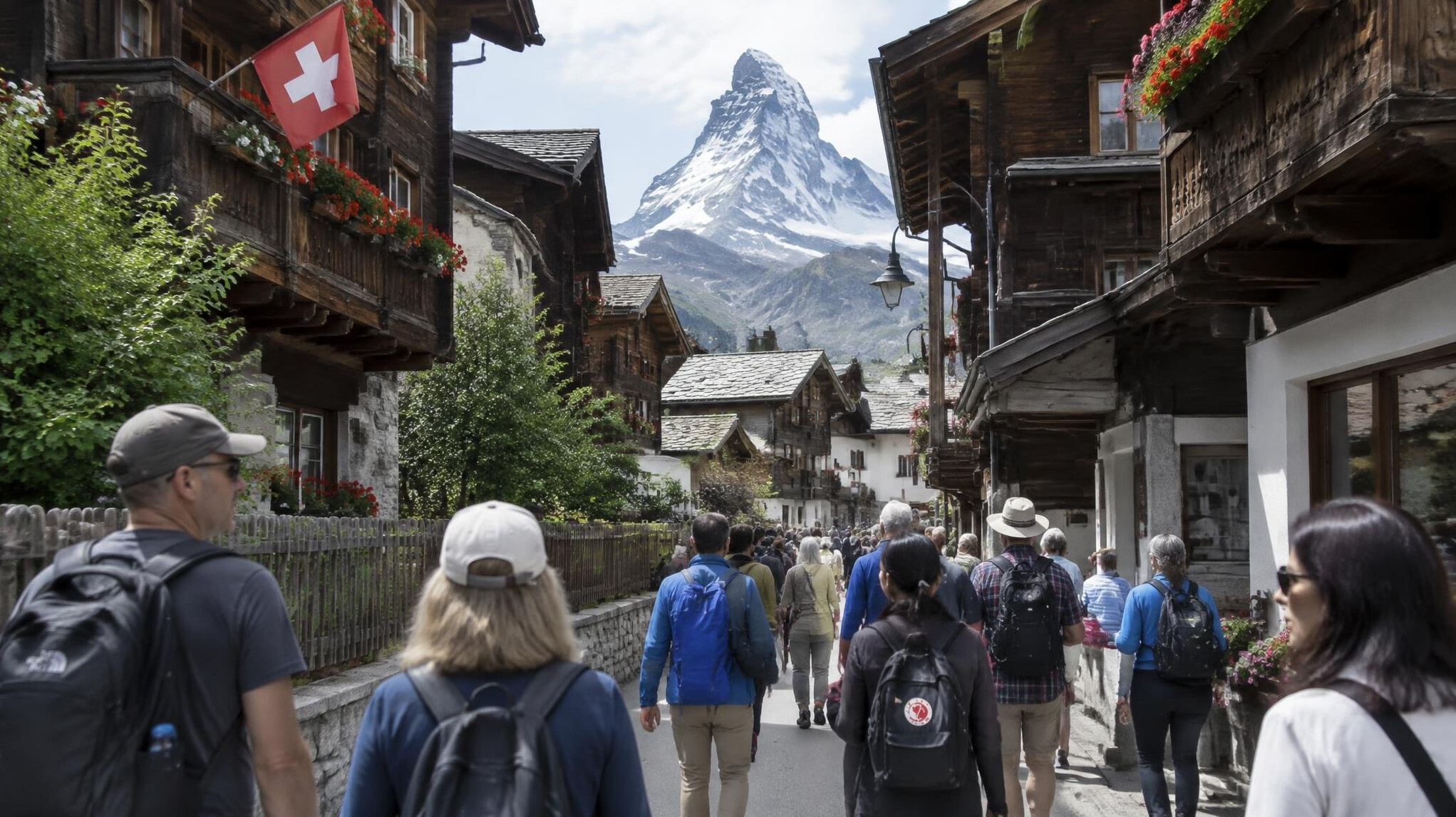Crowd of tourists walking through a Swiss alpine village street