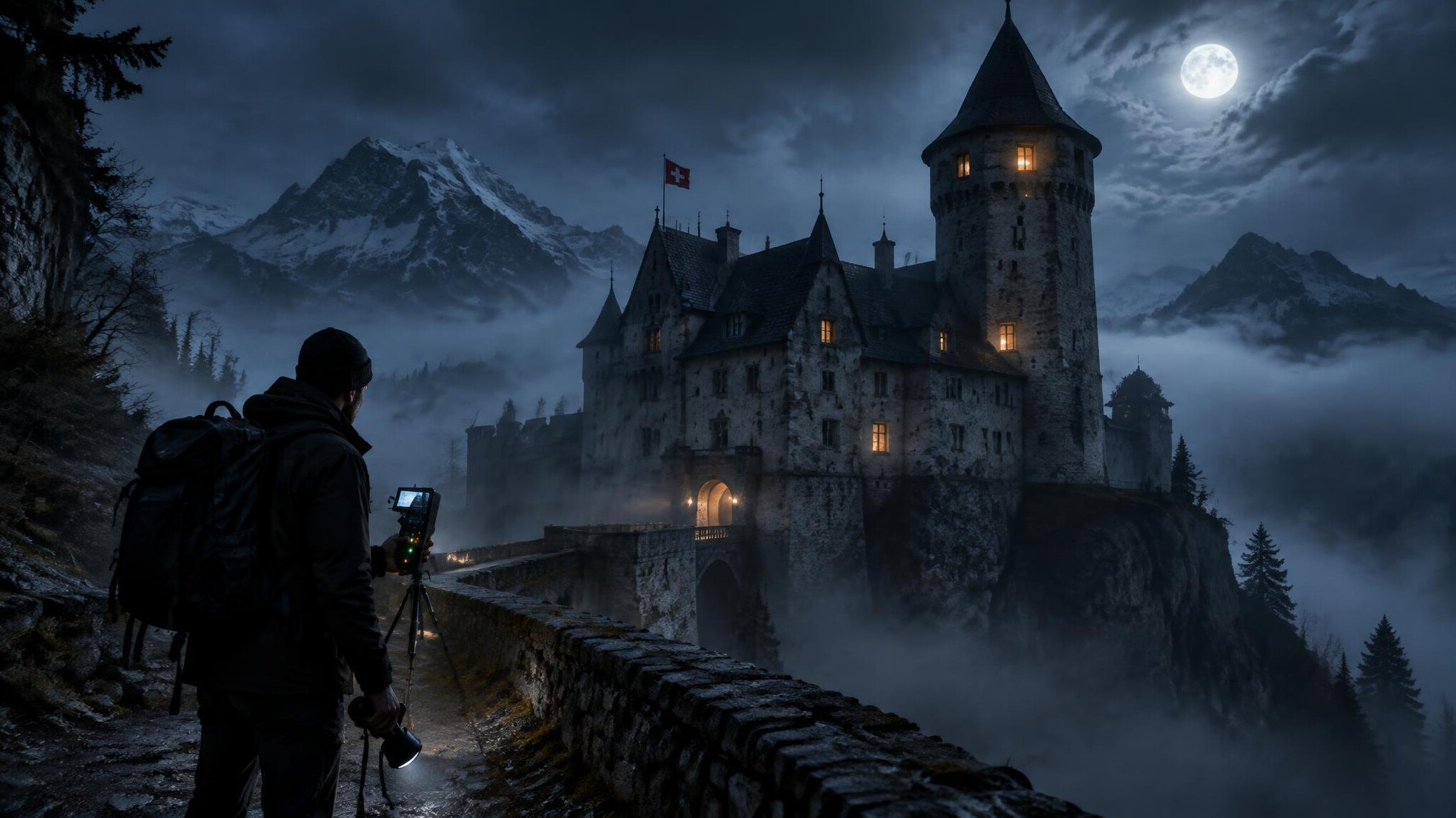 swiss castle at night
