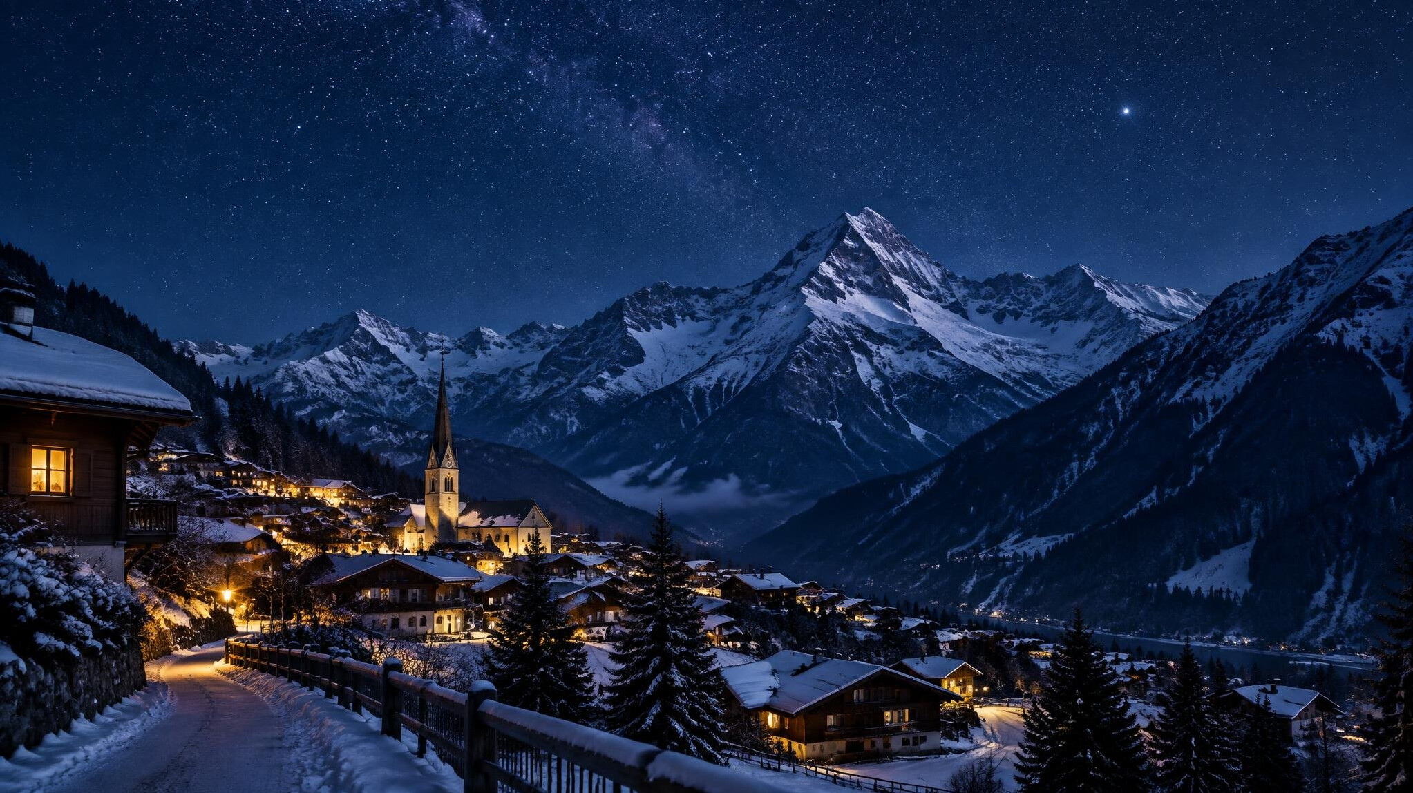 alpine village at night