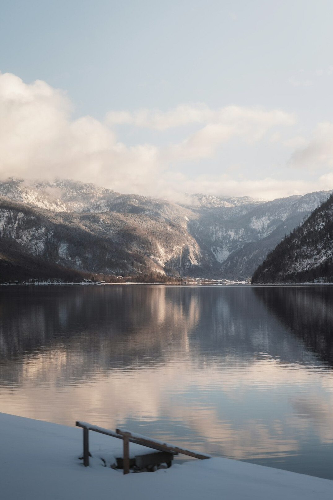 alpine lake misty morning