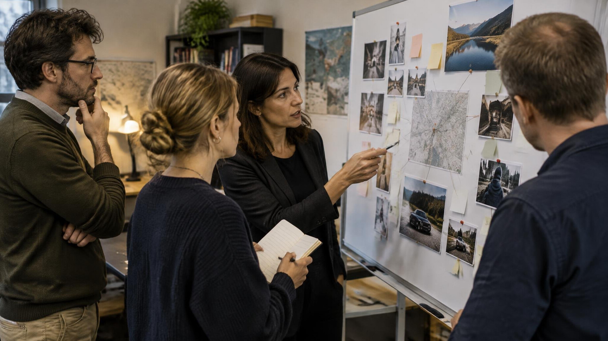 Editorial team discussing an investigation around a whiteboard