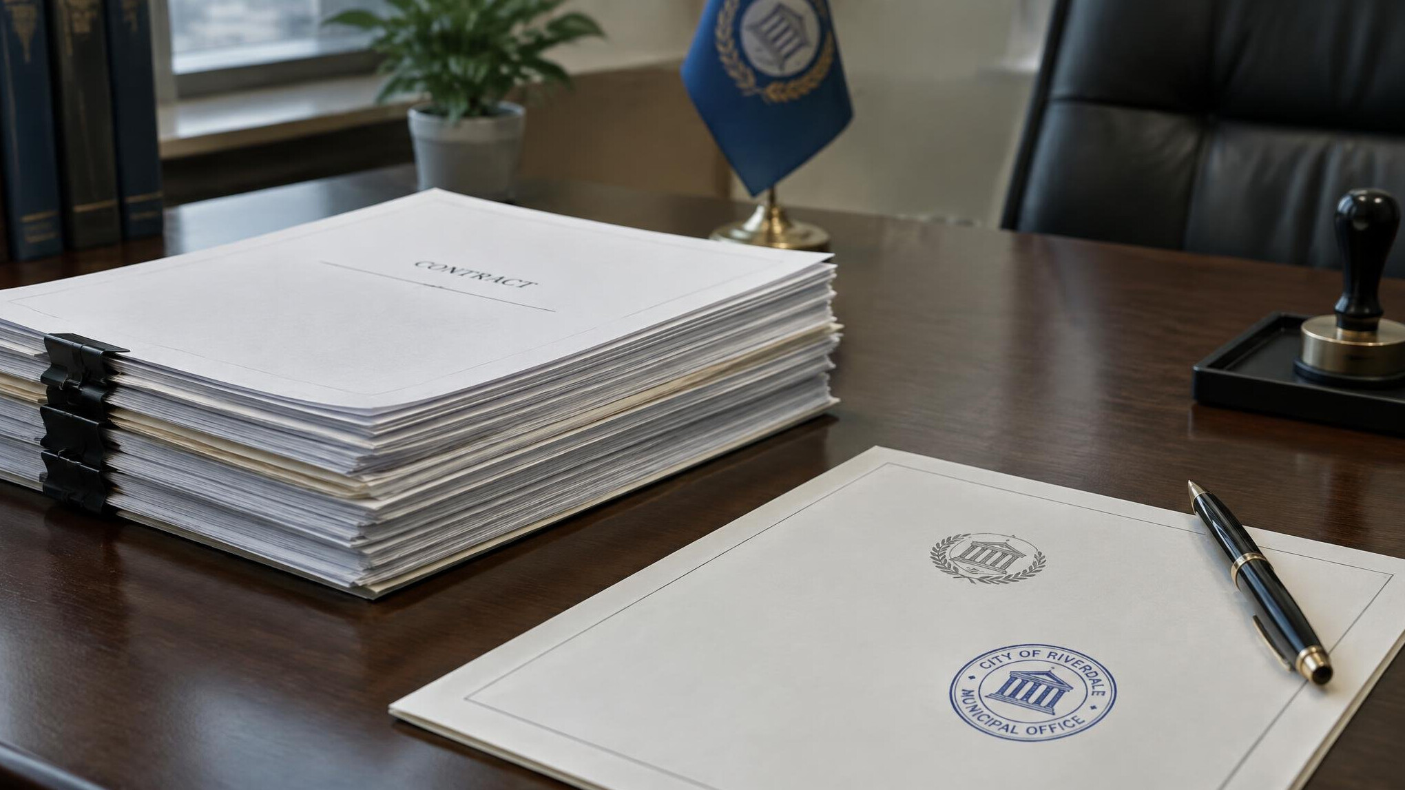 Stack of official contracts and municipal documents on a desk
