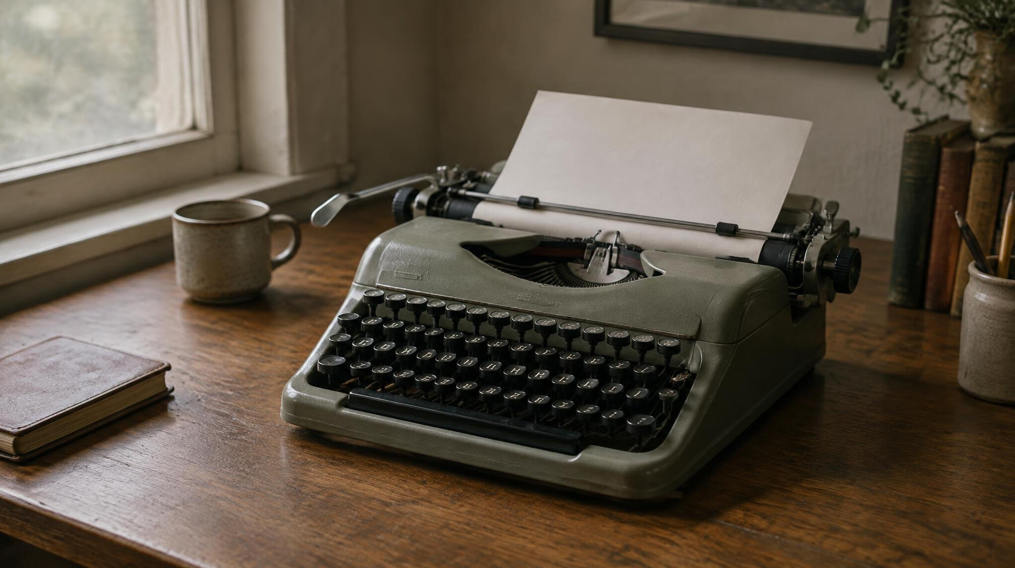 Vintage typewriter with a blank sheet of paper on a wooden desk